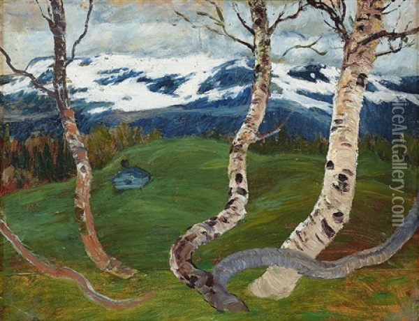 Bjorkar I Fjallandskap Oil Painting - Helmer Osslund