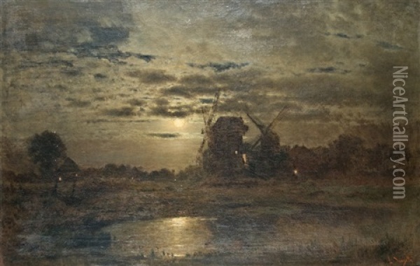 Moonlit Night At The Mill Oil Painting - Louis Douzette