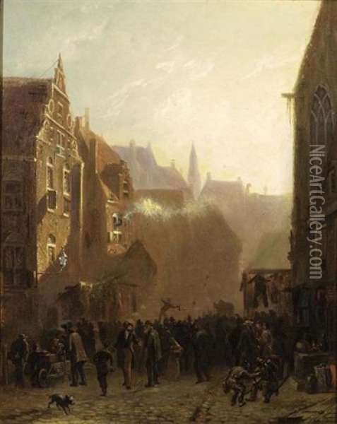 A Market Scene In A Street, Groningen Oil Painting - Syboldt Berghuis