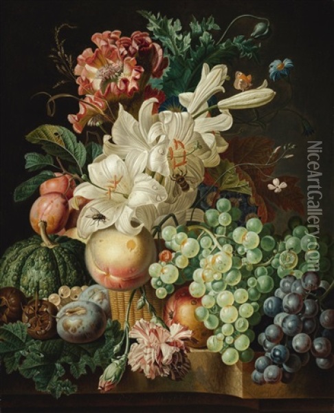 Still Life With Lilies, Carnations And A Poppy In A Wicker Basket, With Grapes, Medlars, Plums, Gooseberries And A Melon On The Marble Ledge Beneath Oil Painting - Paul Theodor van Bruessel