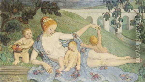 Venus Reclining With Putti Oil Painting - Ludwig Von Hofmann