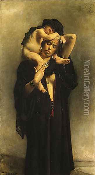 An Egyptian Peasant Woman and Her Child Oil Painting - Leon Bonnat