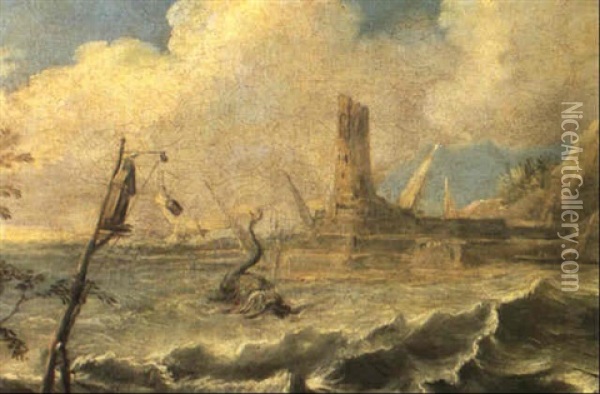 Marina In Burrasca Con Pescatori E Balena Oil Painting - Alessandro Magnasco