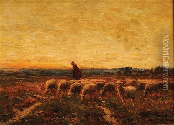 Berger Et Ses Moutons Dans La Plaine De Chany Oil Painting - Jean Ferdinand Chaigneau