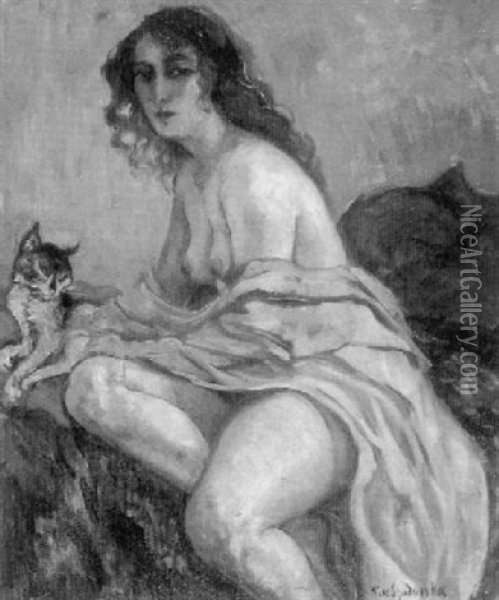Sitzender Weiblicher Akt Mit Katze Und Rosa Tuch Oil Painting - Kasia V. Szadurska