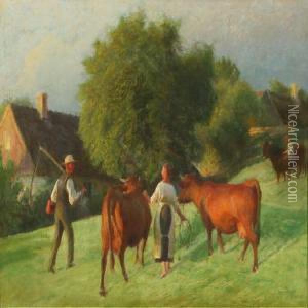 People And Cattle In The Field Oil Painting - Hans Ole Brasen
