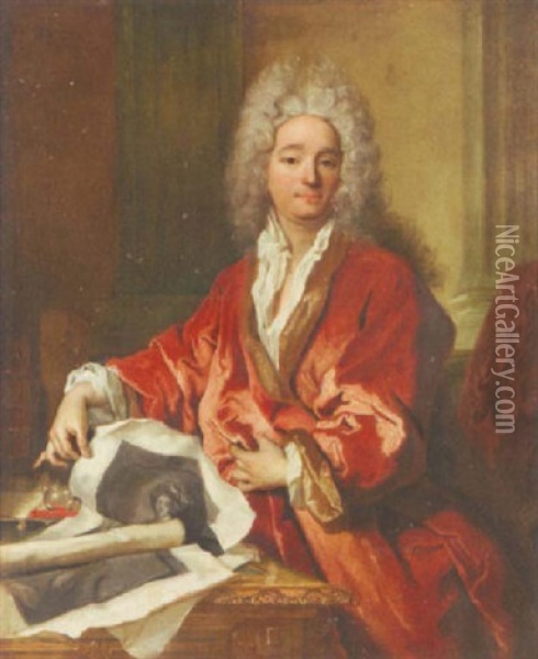 Portrait De Louis D'assenay Tenant Des Gravures Oil Painting - Nicolas de Largilliere