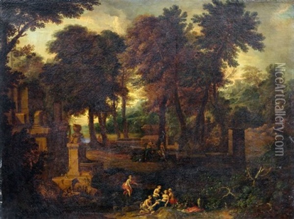 Idyllische Landschaft Mit Badenden Nymphen Zwischen Antiken Ruinen Oil Painting - Johannes (Jan) Glauber