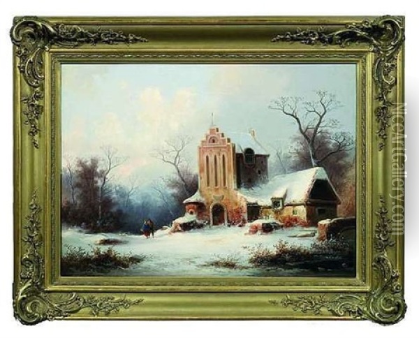 Winterlandschaft Mit Einem Kirchlein Am Rande Eines Waldes Oil Painting - Coelestin Bruegner