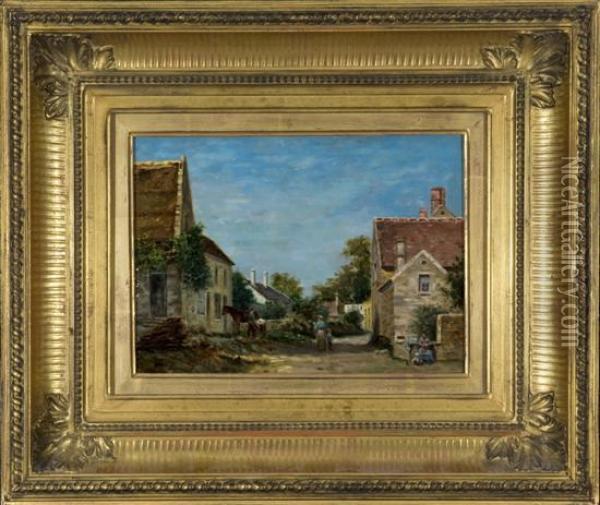 Village Street Scene With Figures And Horse. Oil Painting - Claude Vignon