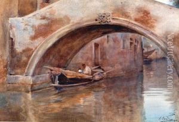 Venice At Dusk, A Boatman With Lamp Oil Painting - Enrico Nardi