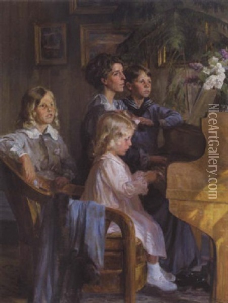Mor Med Sine Tre Born Omkring Painoet Oil Painting - Knud Erik Larsen