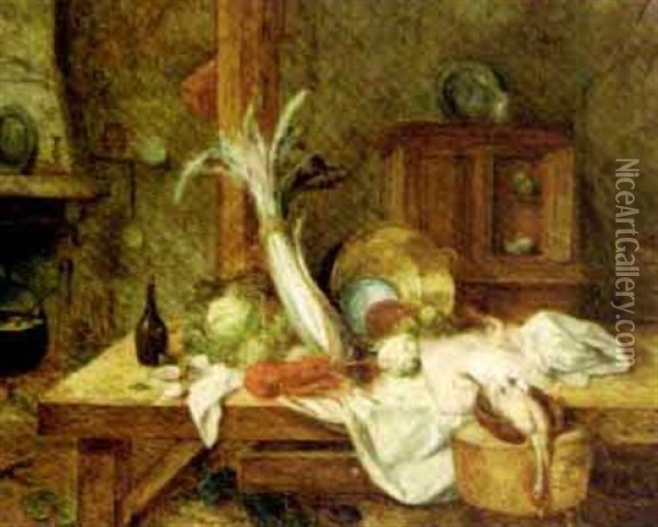 Still Life With A Lobster, A Skate, Poultry And Vegetables On A Kitchen Table Oil Painting - Jean Alexandre Remy Couder
