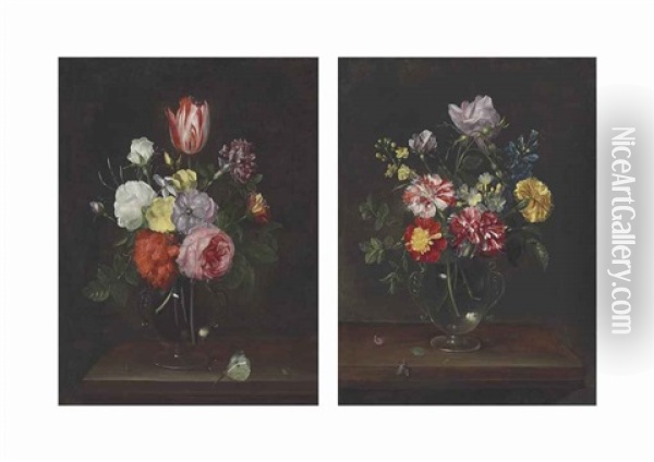 Roses, Carnations, A Tulip, And Other Flowers In A Glass Vase; Roses, Carnations, And Other Flowers In A Glass Vase (pair) Oil Painting - Frans Ykens