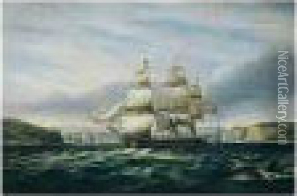 A British Frigate Off Torbay Oil Painting - Thomas Luny