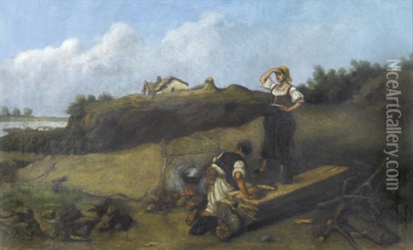 Rastendes Fischerpaar Am Offenen Feuer Oil Painting - Pal (Paul) Boehm
