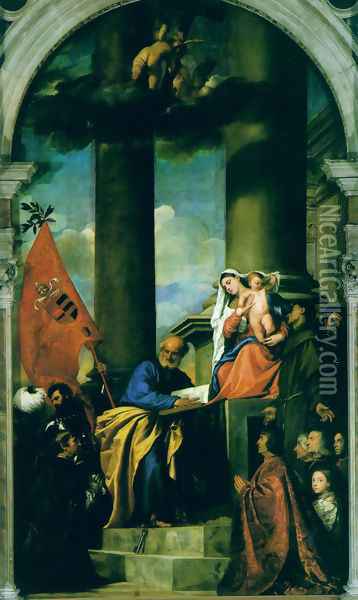 Madonna With Saints And Members Of The Pesaro Family Oil Painting - Tiziano Vecellio (Titian)