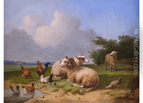 Schafe Und Geflugel In Weiter Landschaft Oil Painting - Cornelis van Leemputten