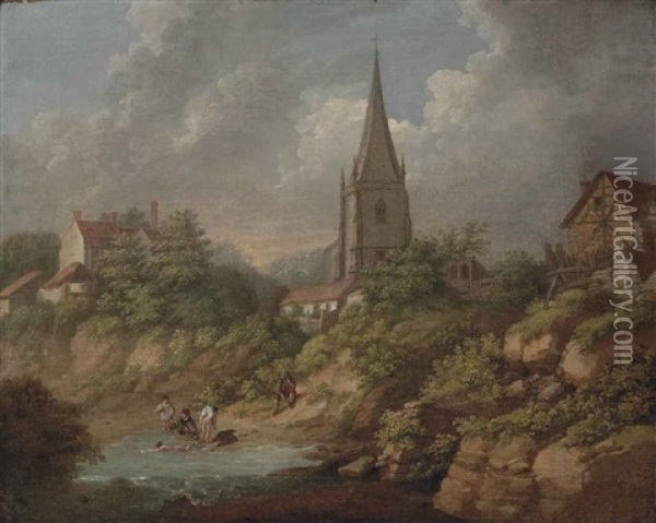 A View Of Monmouth With The Church Of St. Mary's, Bathers In The Foreground Oil Painting - Michel Angelo Rooker