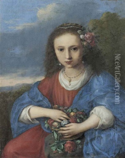 Portrait Of A Girl As Flora Oil Painting - Cornelis Van Poelenburgh