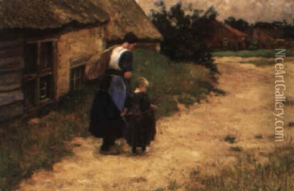 Op Weg Naar Huis- A Peasant Woman With Her Daughter On A Path Oil Painting - Bernard Marie Koldewey