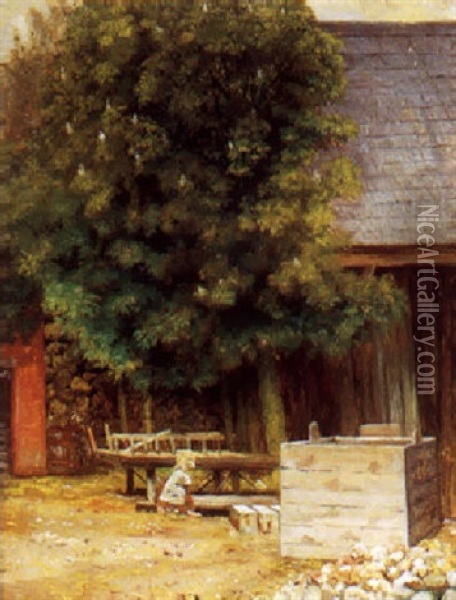 Exterior Fra Gaestgivergarden Ved Ry, Med Legende Lille Pige Ved Baenk Oil Painting - Vilhelm Peter Karl Kyhn