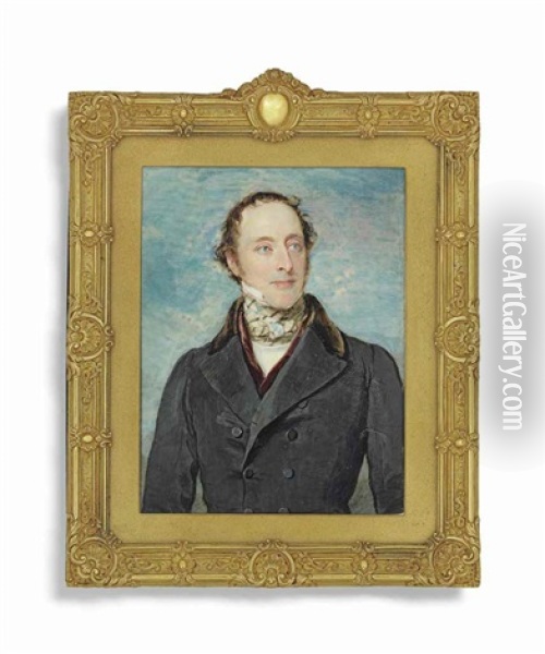 A Young Gentleman, In Black Coat And Tartan Cravat; Sky Background Oil Painting - Sir William Charles Ross