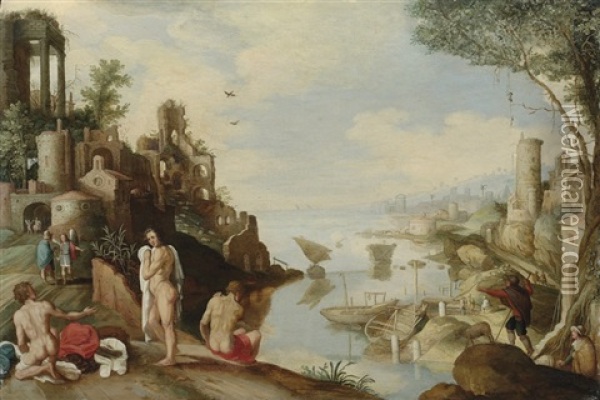 A Capriccio Landscape With Men Bathing Oil Painting - Willem van Nieulandt the Younger