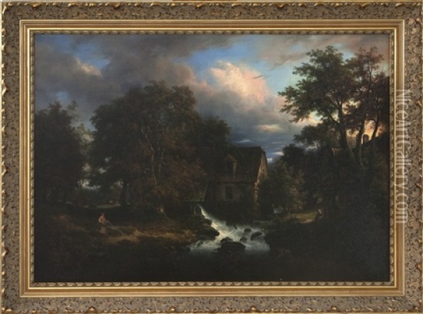 Landscape With Water Mill, Figures, And Grazing Cattle Oil Painting - Charles Claude Delaye