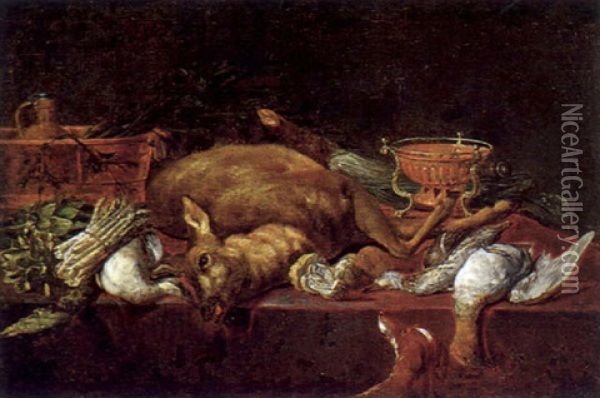 Kuchenstilleben Mit Erlegtem Wild Und Einem Hund Oil Painting - Pieter Van Boucle