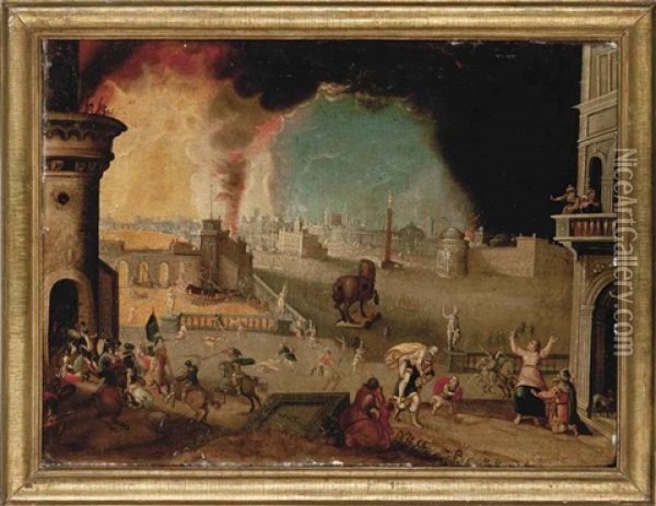 Aeneas Rescuing His Father Anchises From The Burning City Of Troy Oil Painting - Jakob Isaacsz Swanenburgh
