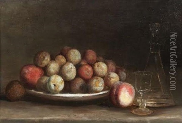 Peches, Prunes, Carafe Et Verre Sur Un Entablement Oil Painting - Jean-Baptiste-Simeon Chardin
