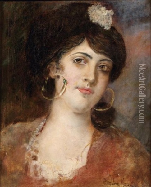 Portrait De Femme Aux Creoles Oil Painting - Harry Humphrey Moore