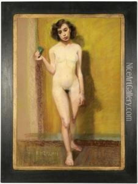 Standing Nude Holding A Green Cup Oil Painting - Eleanor Merriam Lukits