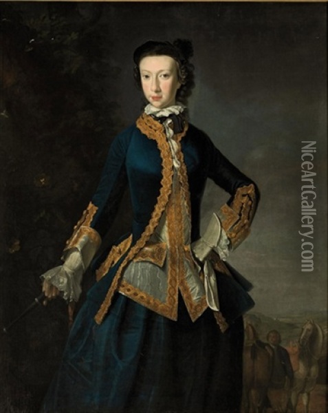 Portrait Of A Lady In A Blue Coat And Skirt, And White Waistcoat, With Gold Embroidered Trim, A Whip In Her Right Hanf, In A Landscape Oil Painting - R. Harvie