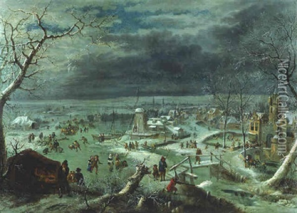 A Winter Landscape With Skaters On A Frozen Waterway By A Village, Antwerp Beyond Oil Painting - Jan Griffier the Elder