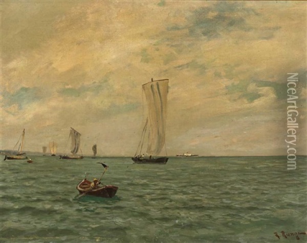 Vor Tiefem Horizont Befahren Verschiedene Segelschiffe, Ein Fischerboot Und Ein Luxusdampfer Das Ruhige Meer Oil Painting - Julius Ludwig Sebbers