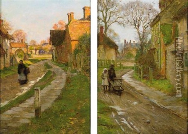 Village Scene (+ Another; Pair) Oil Painting - Blandford Fletcher