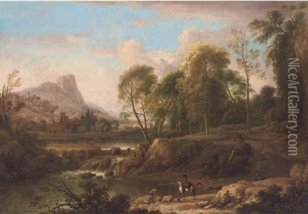 An Extensive Mountain Landscape 
With Horsemen On A Track Andbathers In A River, A Town Beyond Oil Painting - Jan Wijnants