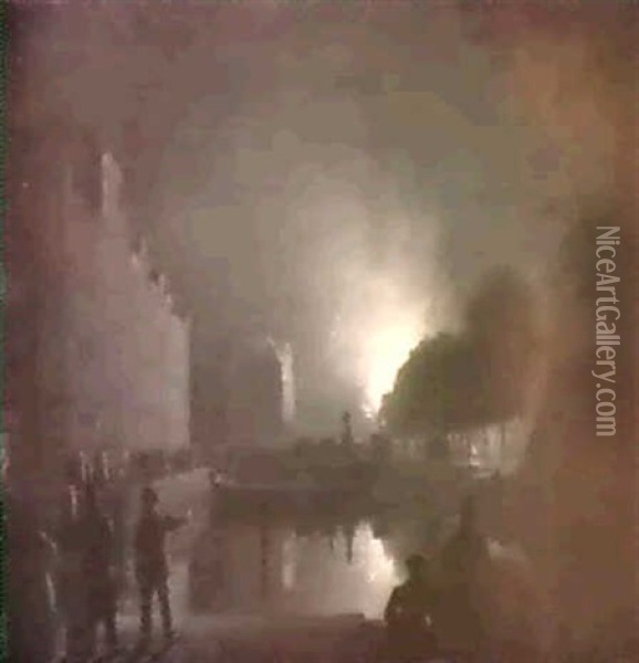 Rotterdam On Fire: A View Of The Steigersgracht Towards The Groote Markt With A Statue Of Erasmus Oil Painting - Petrus van Schendel