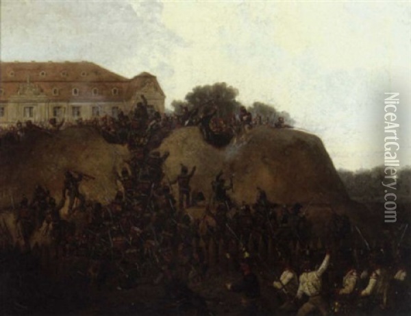 A Military Siege By A Mansion Oil Painting - Gustav Otto Mueller