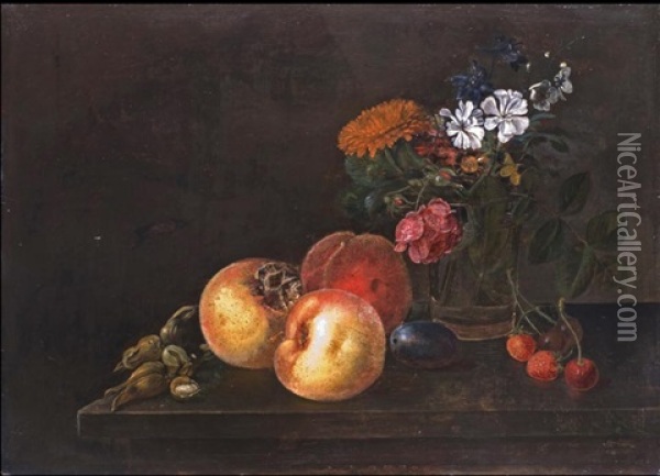 Stilleben Mit Granatapfel, Pfirsichen, Nussen, Erdbeeren Und Blumen In Einem Glasbecher Oil Painting - Louis Hermans