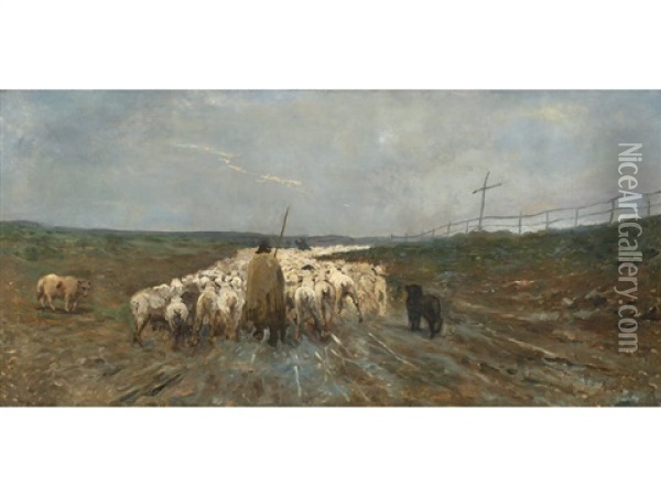 Vast Landscape With Shepherd And Herding Dog Following Flock Of Sheep Along Path Oil Painting - Publio de Tommasi