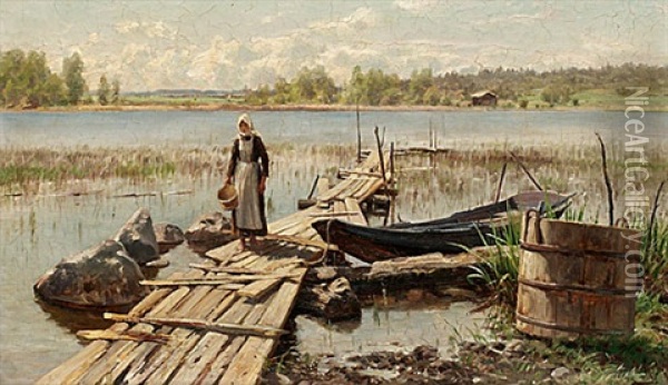 Sommarlandskap Med Flicka Pa Brygga Oil Painting - Magnus Hjalmar Munsterhjelm