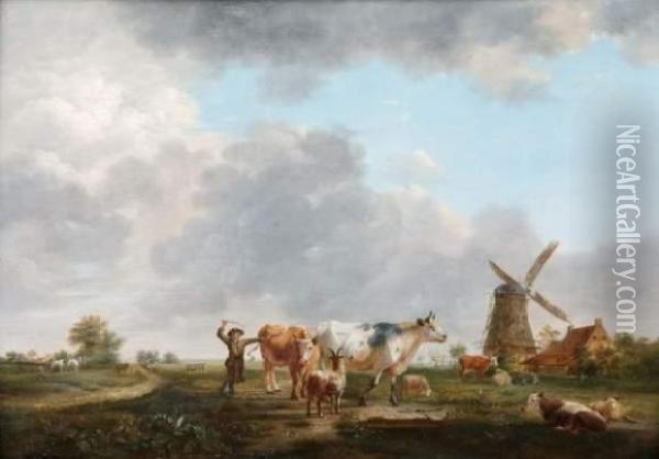 Paysan Et Troupeau Aux Abords D'un Moulin Oil Painting - Balthasar Paul Ommeganck