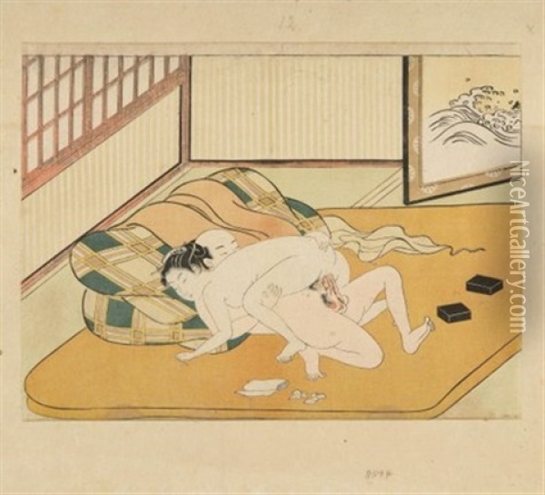 Liebespaar Auf Gelbem Tatami, Rechts Im Hintergrund Ein Byobu (chuban, Yoko-e) Oil Painting - Harunobu Suzuki