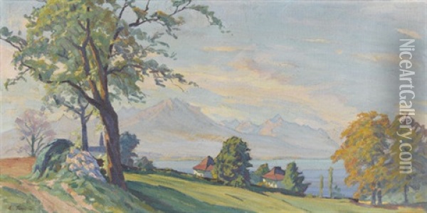 Herbstliche Seeuferpartie Mit Villen Oil Painting - Carl Friedrich Felber
