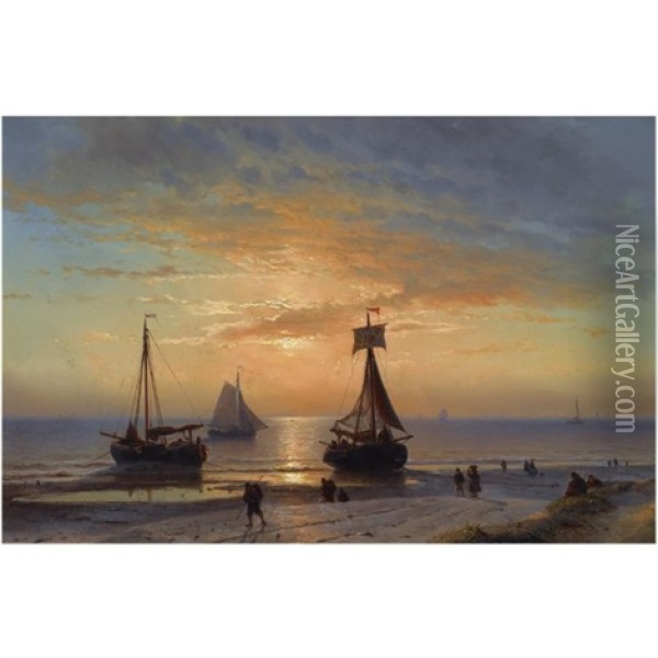 A Coastal View At Dusk Oil Painting - Johan Hendrik Meyer