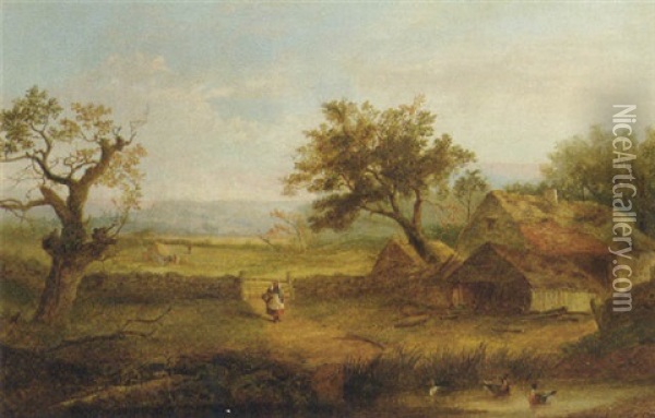A Peasant Woman In A Farmyard, Ducks In A Pond In The Foreground Oil Painting - Patrick Nasmyth