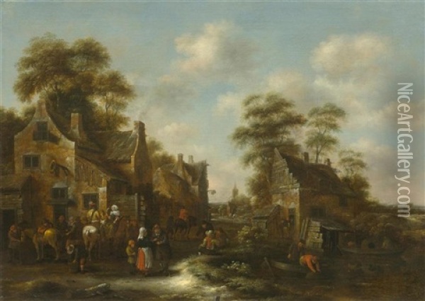 Village With Figures Before An Inn Oil Painting - Nicolaes Molenaer
